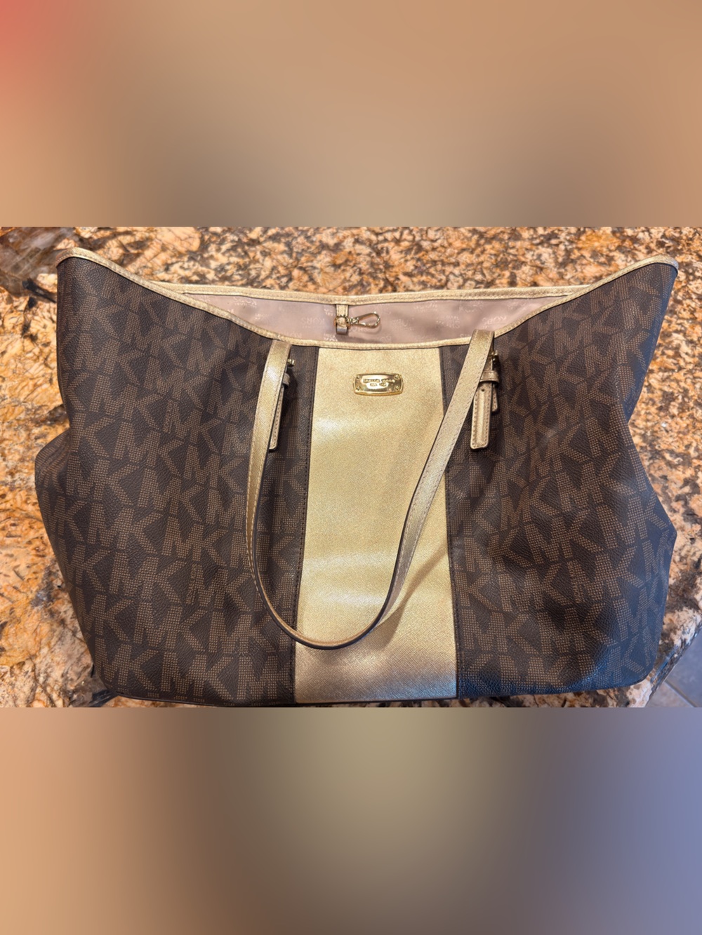 Michael Kors Brown Monogram Tote with Gold Center Panel